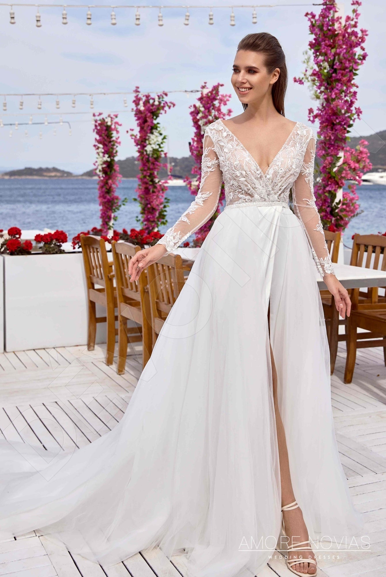 Long sleeve deep v neck wedding dress best sale