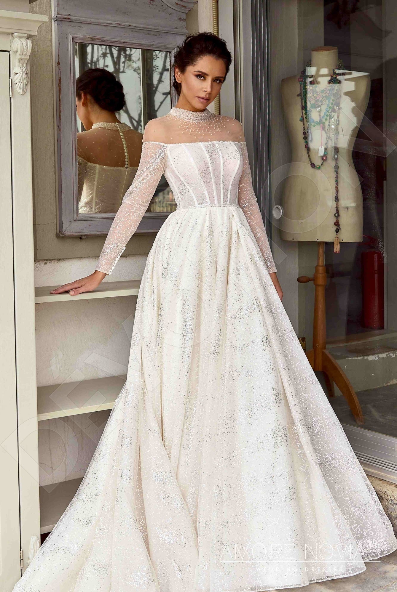 Long sleeve blush wedding dress best sale