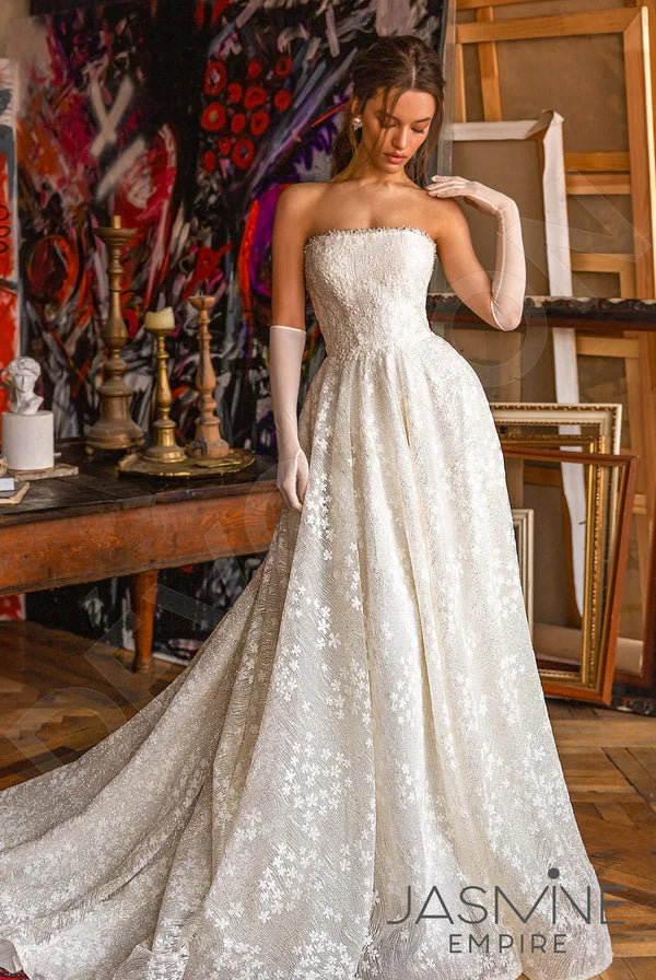 Elizabet A-line Straight across Ivory Wedding dress