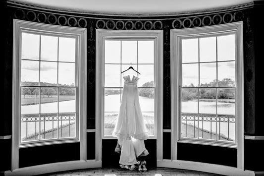 wedding dress on a hanger