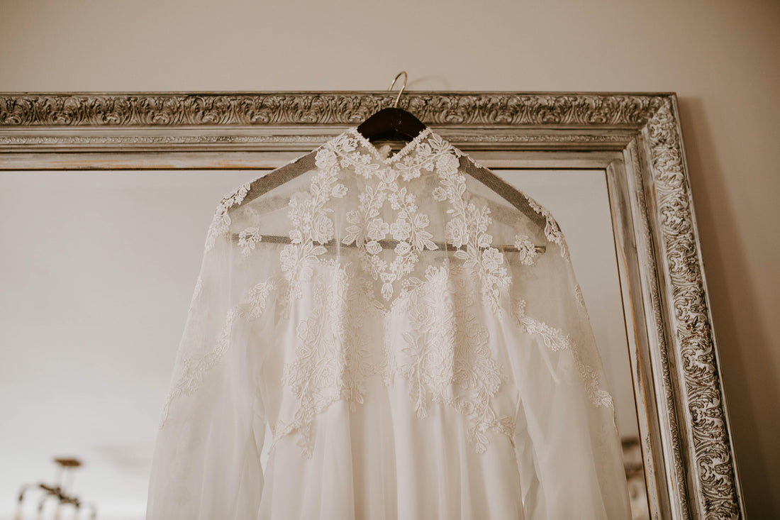 wedding dress on a hanger