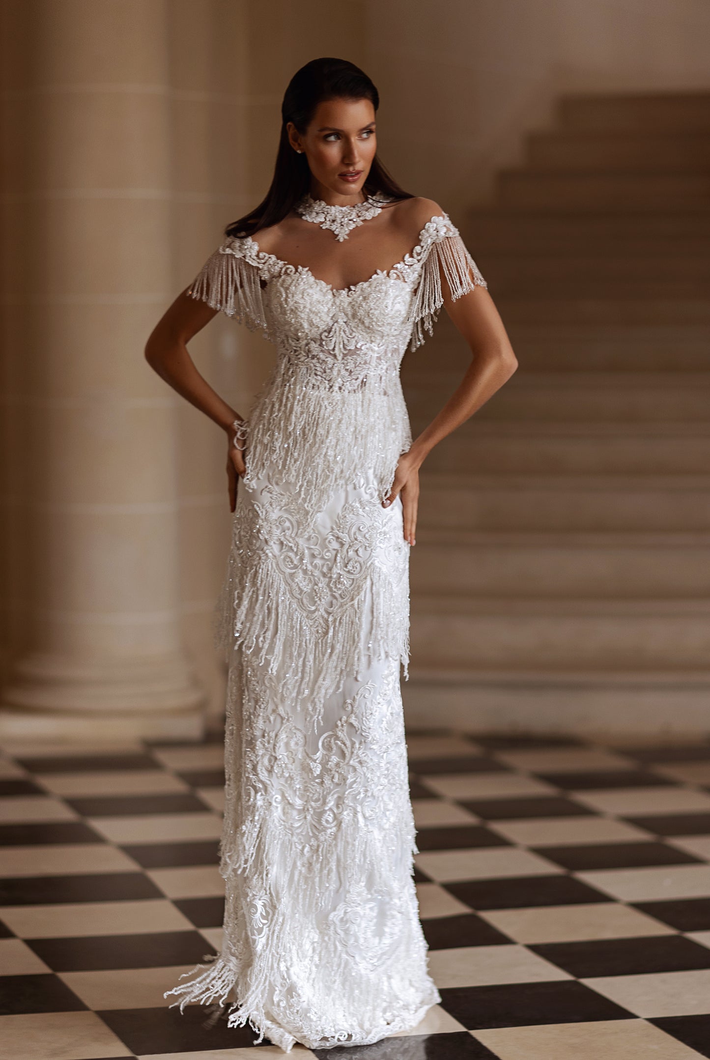 Marie-Beatrice Sheath/Column Jewel Milk Wedding dress