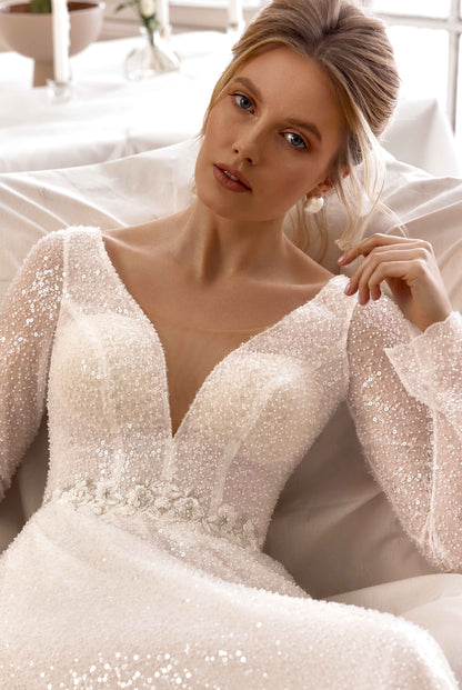 Amalia A-line Deep V-neck Milk Wedding dress