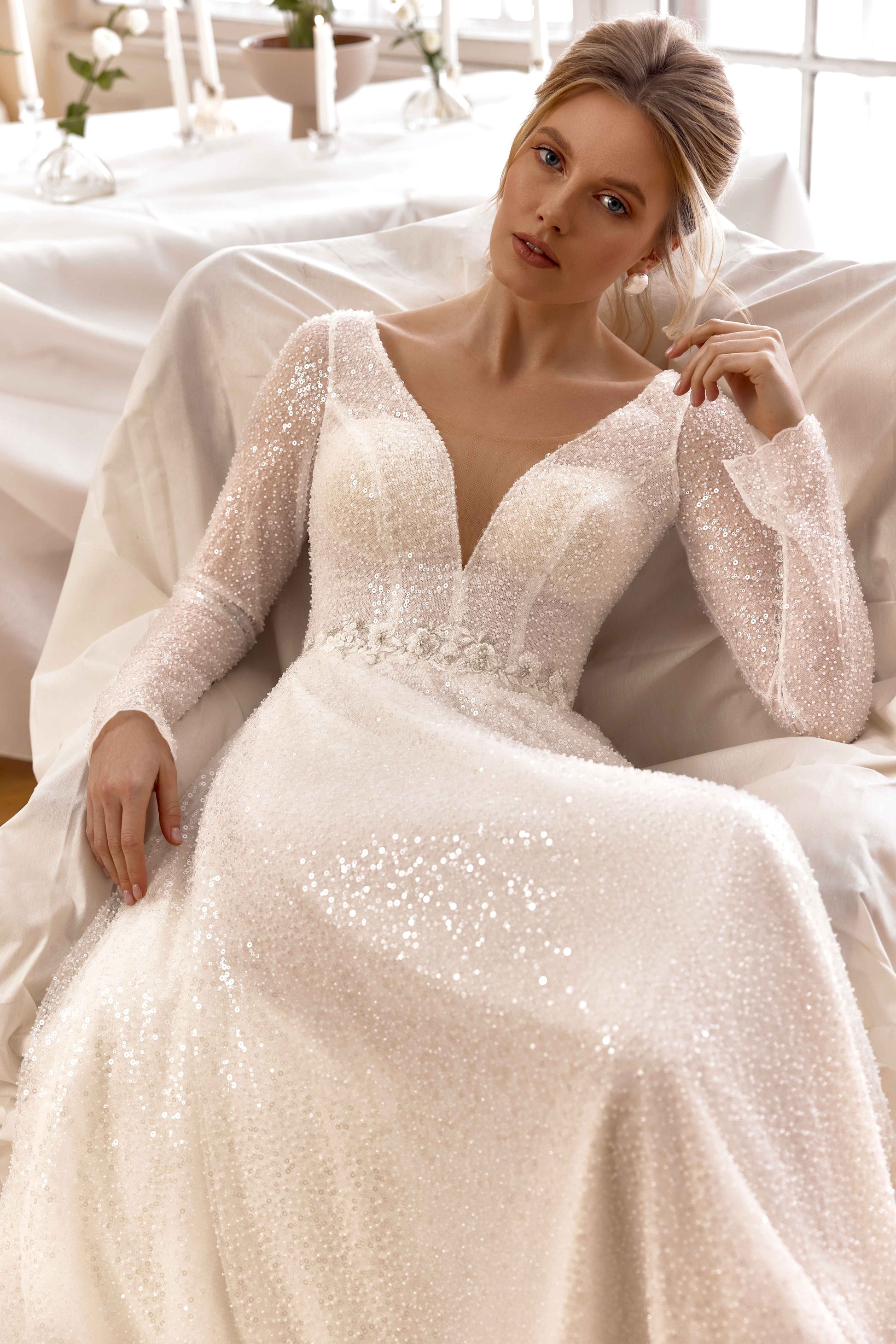 Amalia A-line Deep V-neck Milk Wedding dress