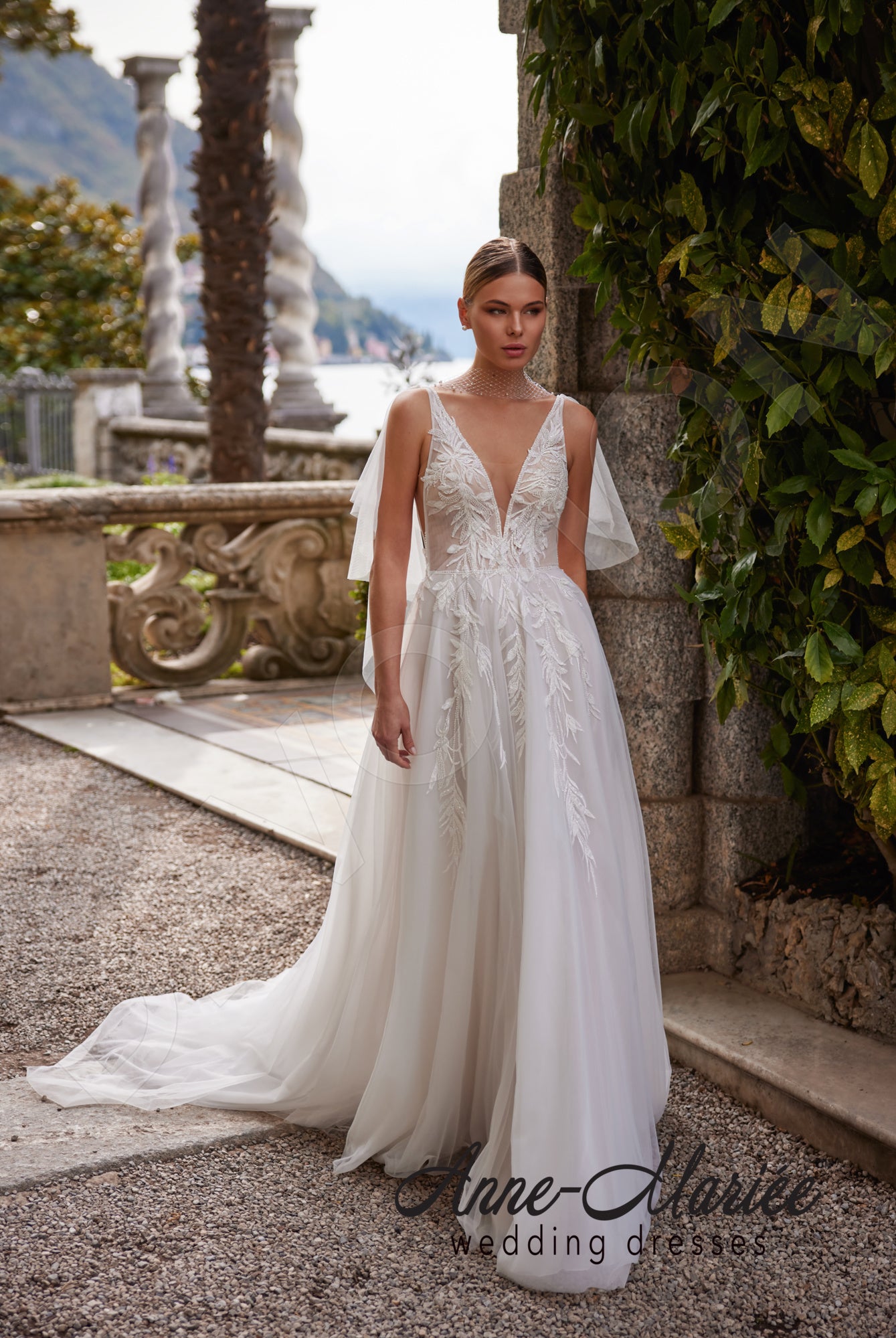 Orsola A-line Deep V-neck Milk/Powder Wedding dress