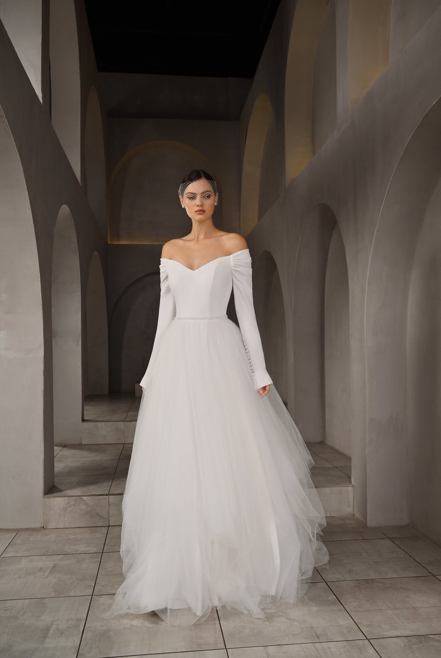 Patriss A-line Off-shoulder/Drop shoulder Milk Wedding dress