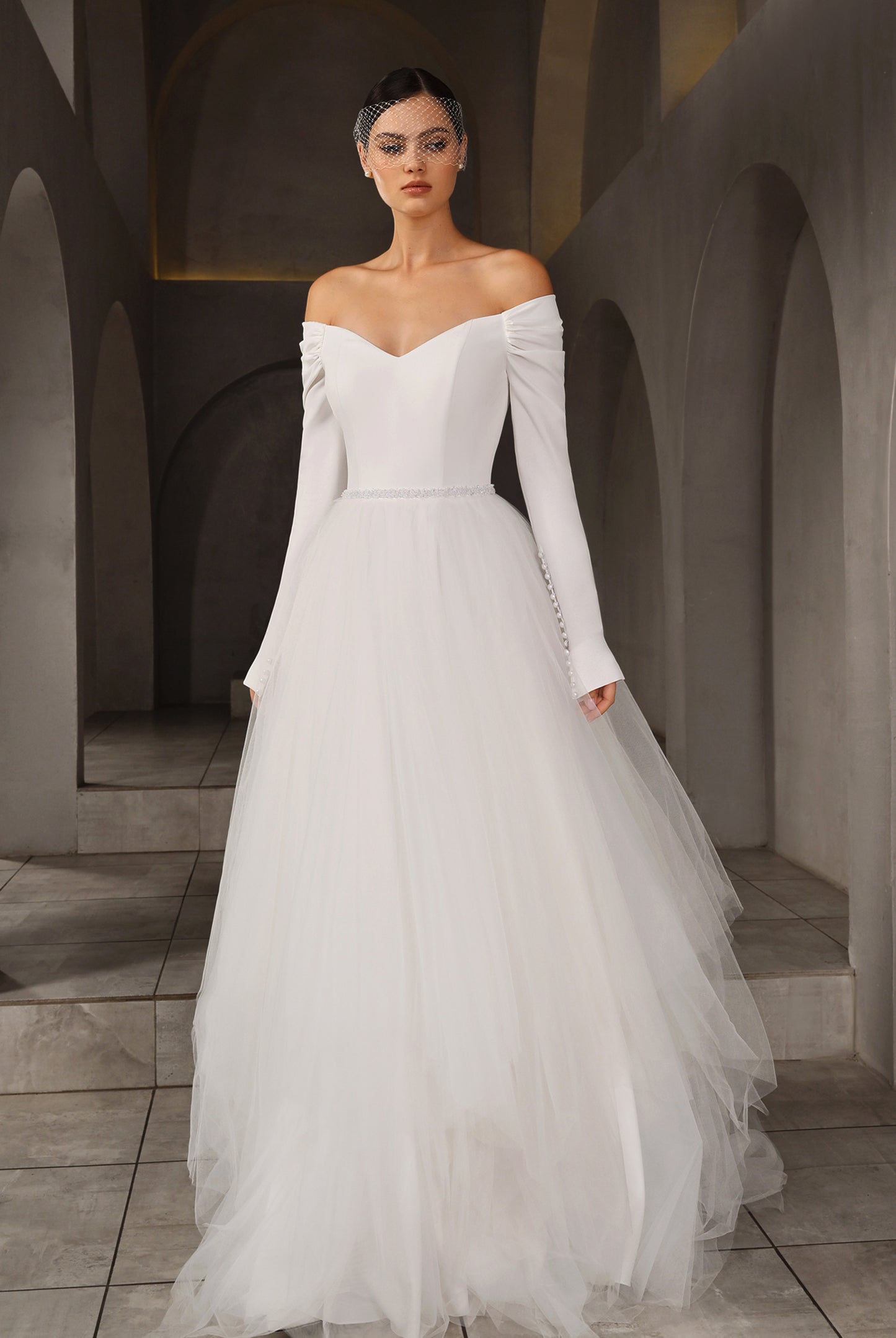 Patriss A-line Off-shoulder/Drop shoulder Milk Wedding dress