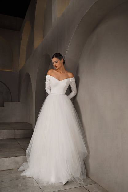 Patriss A-line Off-shoulder/Drop shoulder Milk Wedding dress