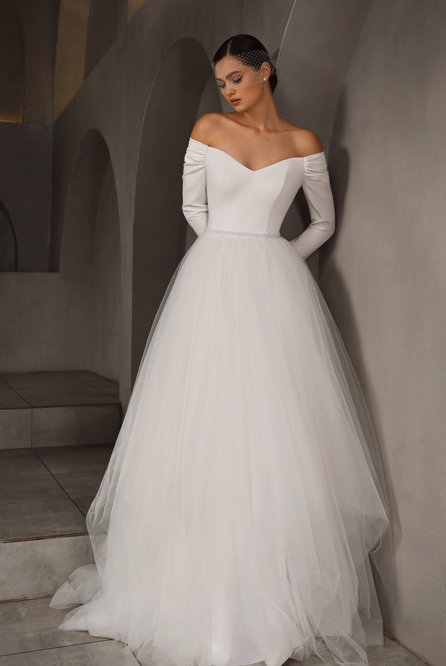 Patriss A-line Off-shoulder/Drop shoulder Milk Wedding dress