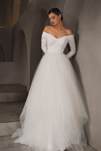 Patriss A-line Off-shoulder/Drop shoulder Milk Wedding dress