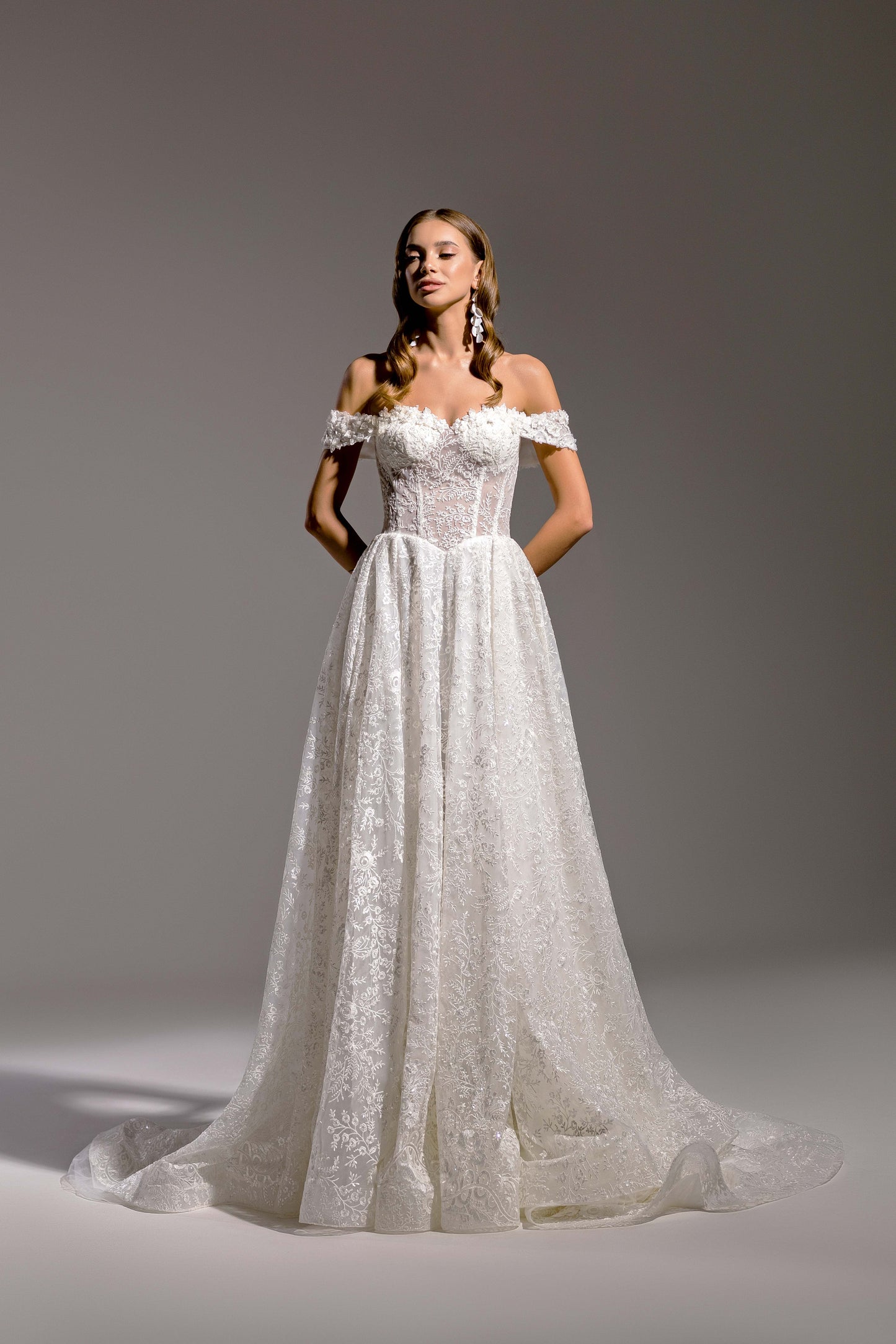 Oliva A-line Off-shoulder/Drop shoulders Milk Wedding dress