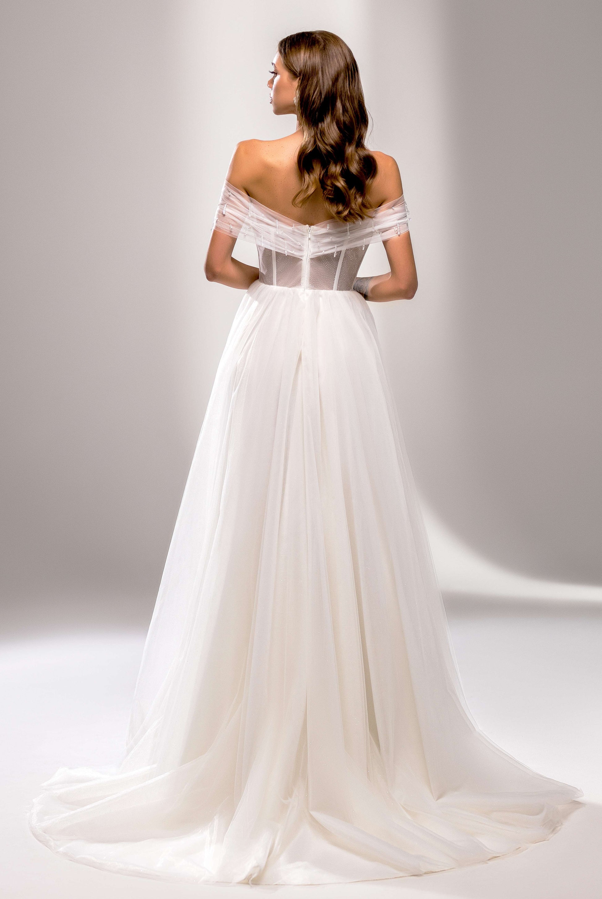 Madelina A-line Off-shoulder/Drop shoulders Milk Wedding dress