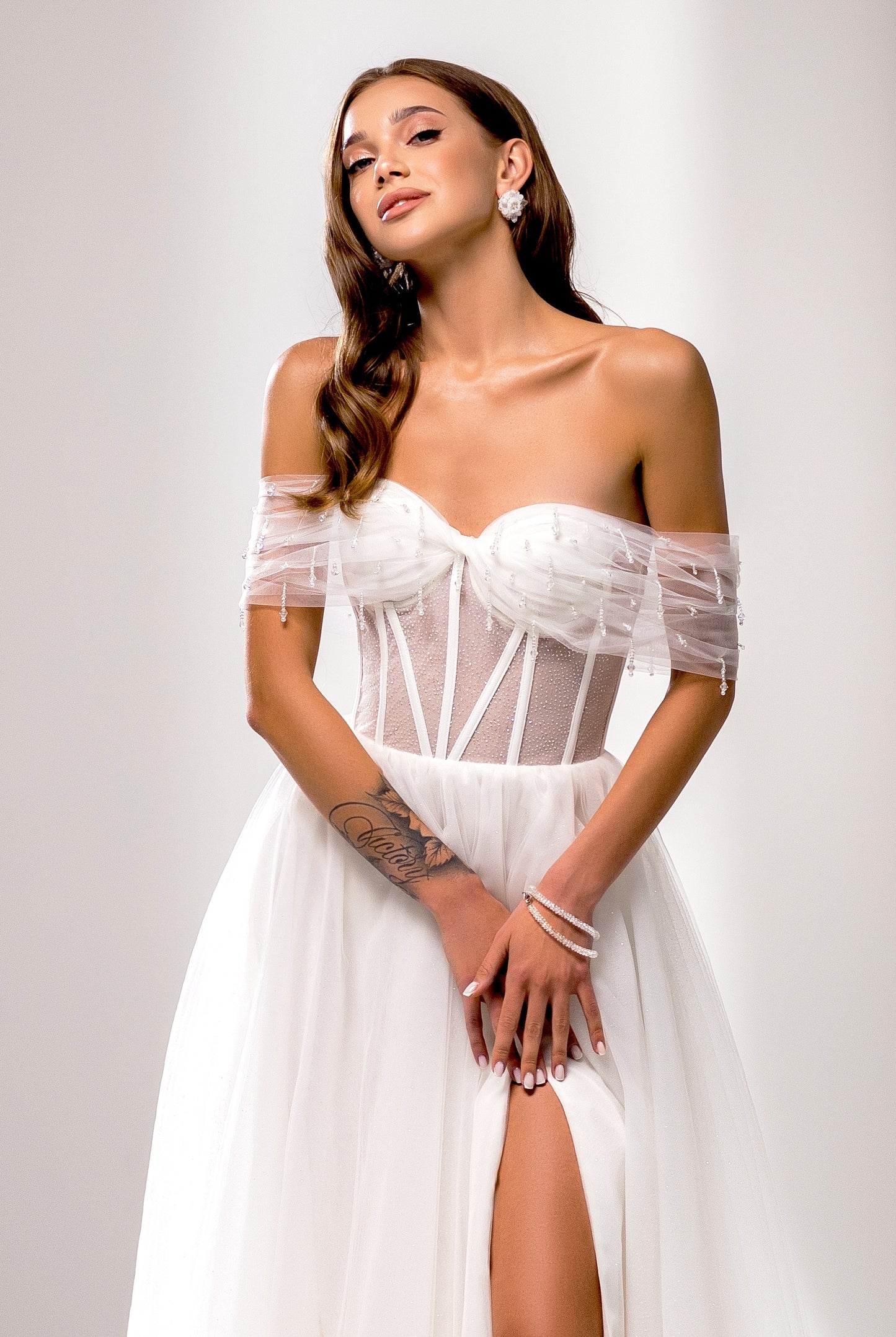 Madelina A-line Off-shoulder/Drop shoulders Milk Wedding dress