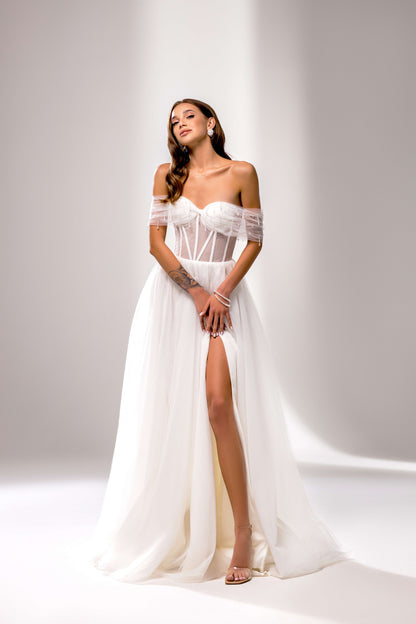 Madelina A-line Off-shoulder/Drop shoulders Milk Wedding dress