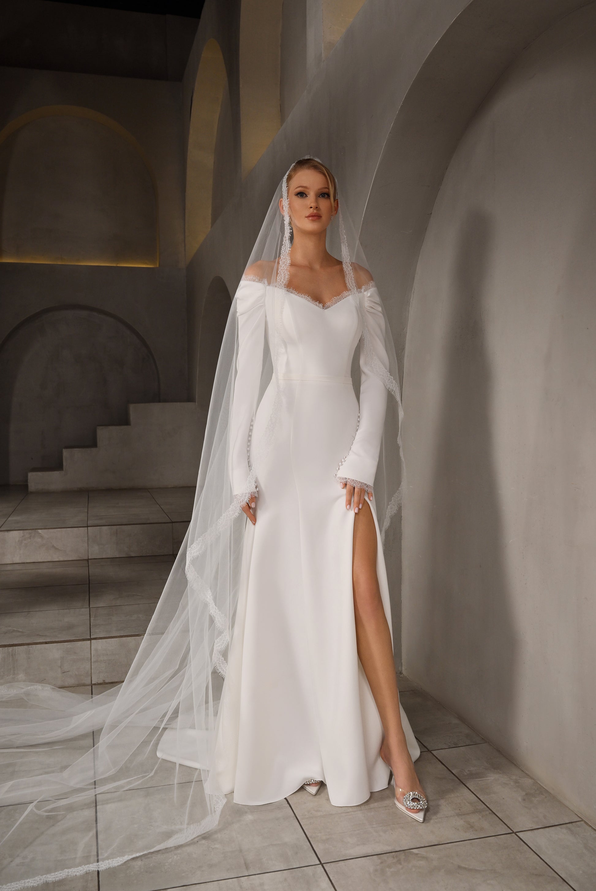 Stelle Trumpet/Mermaid Off-shoulder/Drop shoulder Milk Wedding dress