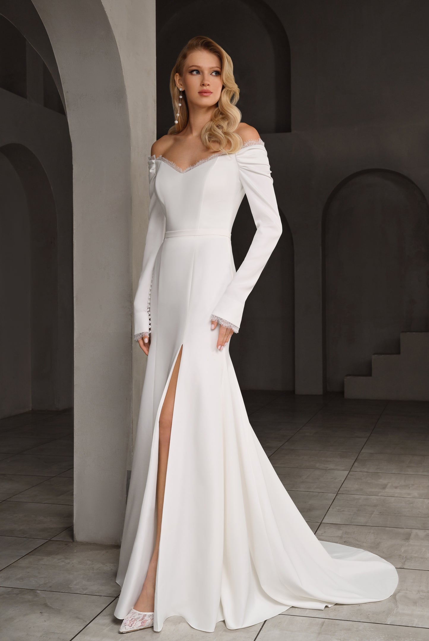 Stelle Trumpet/Mermaid Off-shoulder/Drop shoulder Milk Wedding dress