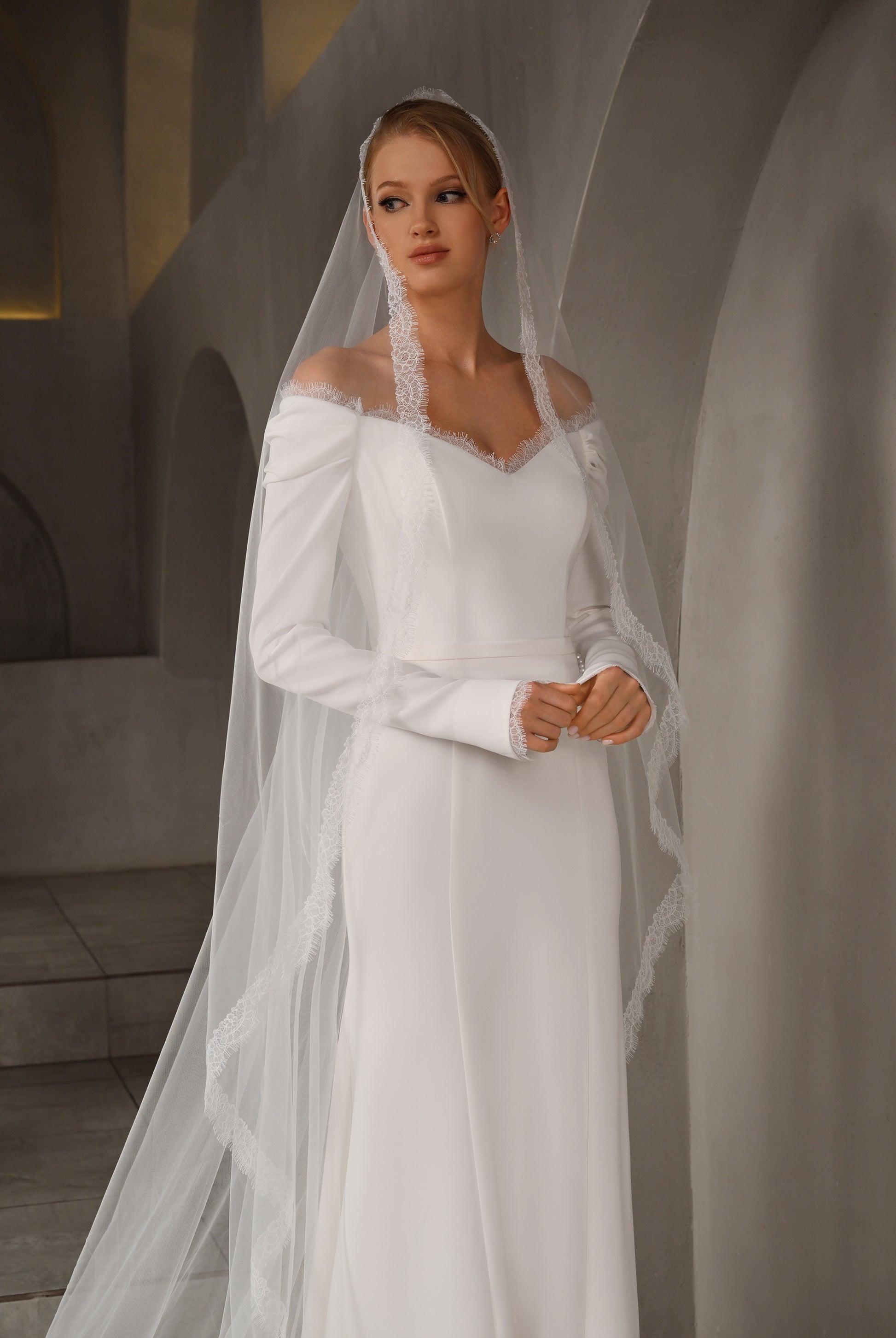 Stelle Trumpet/Mermaid Off-shoulder/Drop shoulder Milk Wedding dress