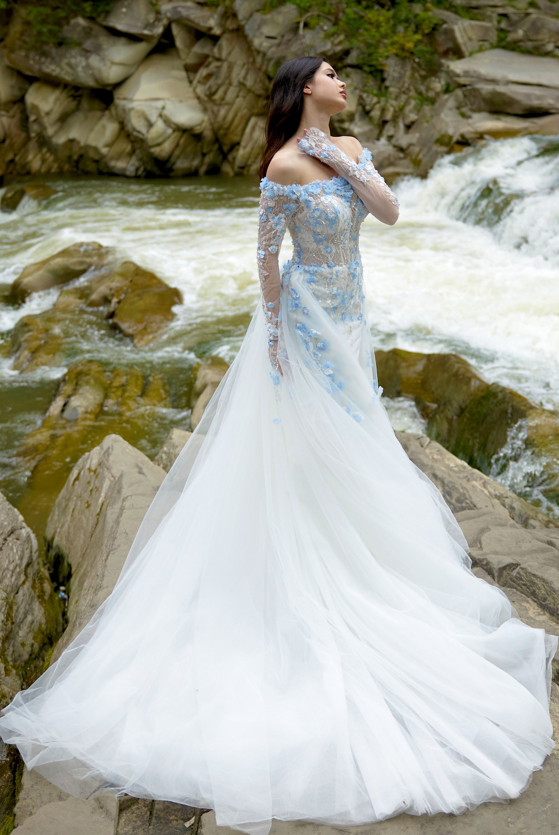 Albine Trumpet/Mermaid Drop shoulders/Off-shoulder Milk/Light blue Wedding dress