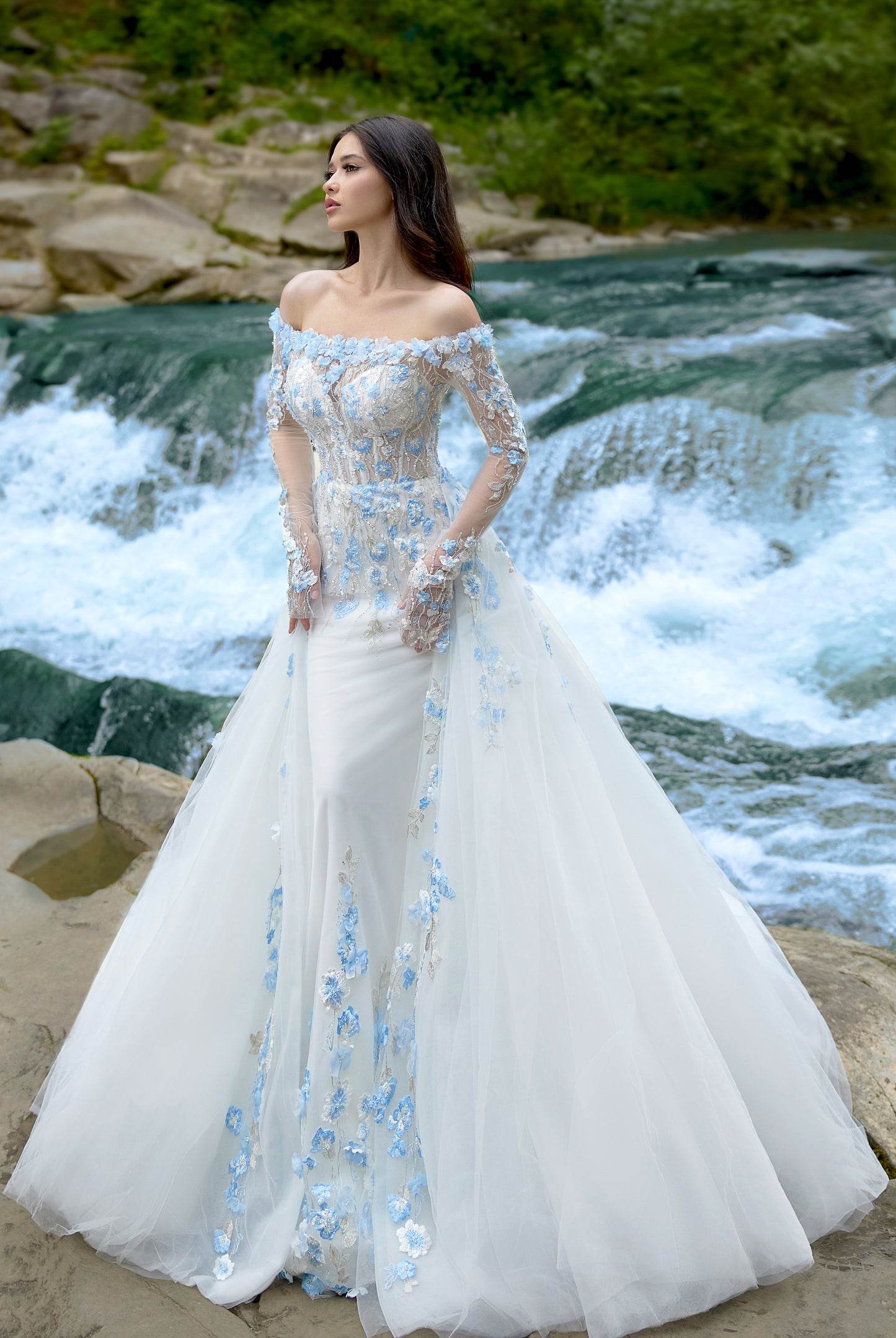 Albine Trumpet/Mermaid Drop shoulders/Off-shoulder Milk/Light blue Wedding dress