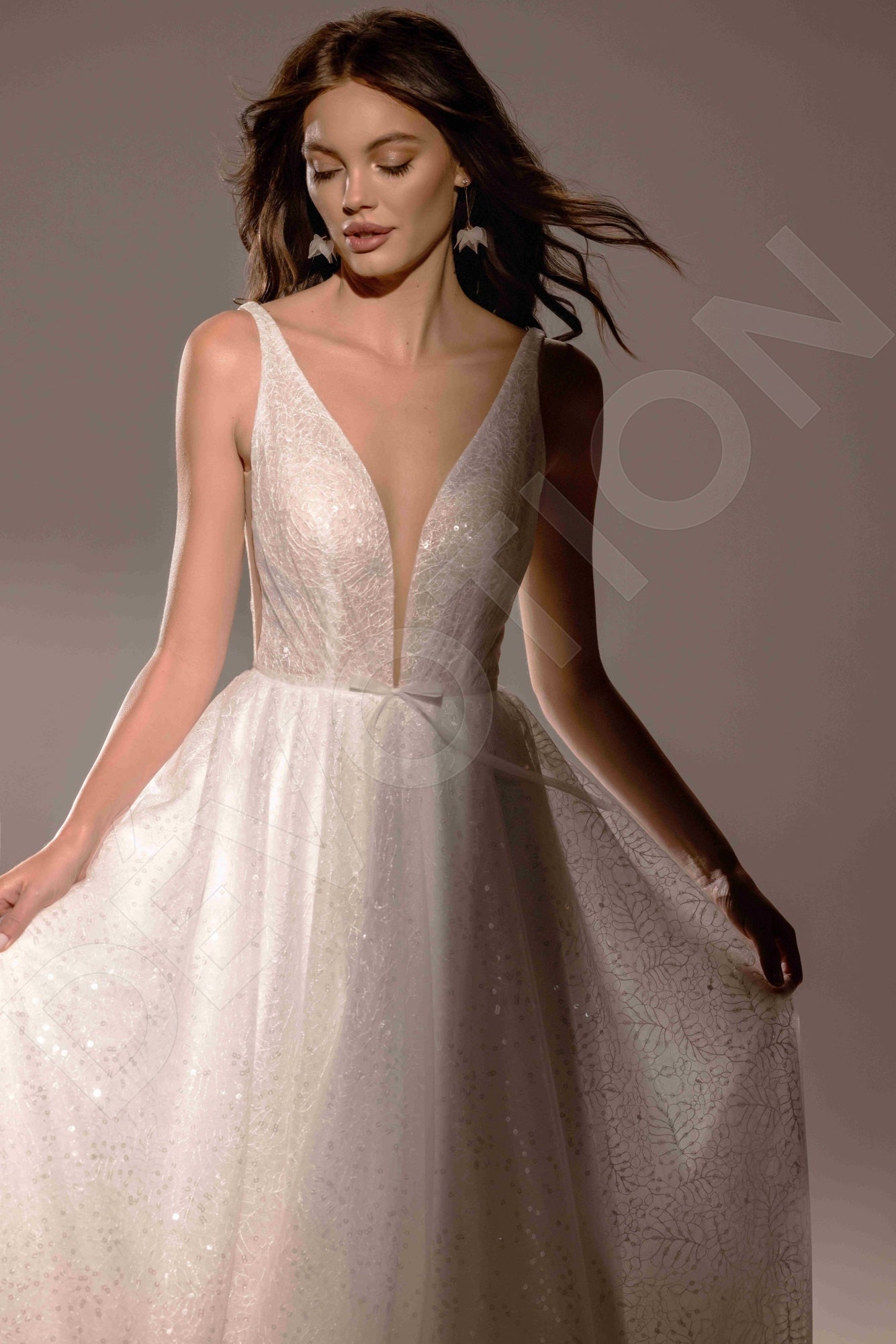 Monela A-line Deep V-neck Ivory Wedding dress