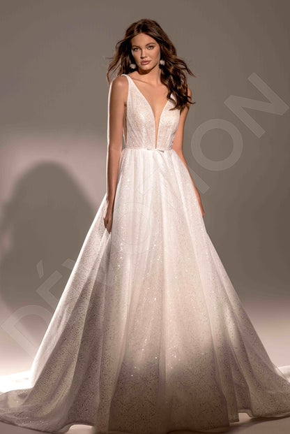 Monela A-line Deep V-neck Ivory Wedding dress