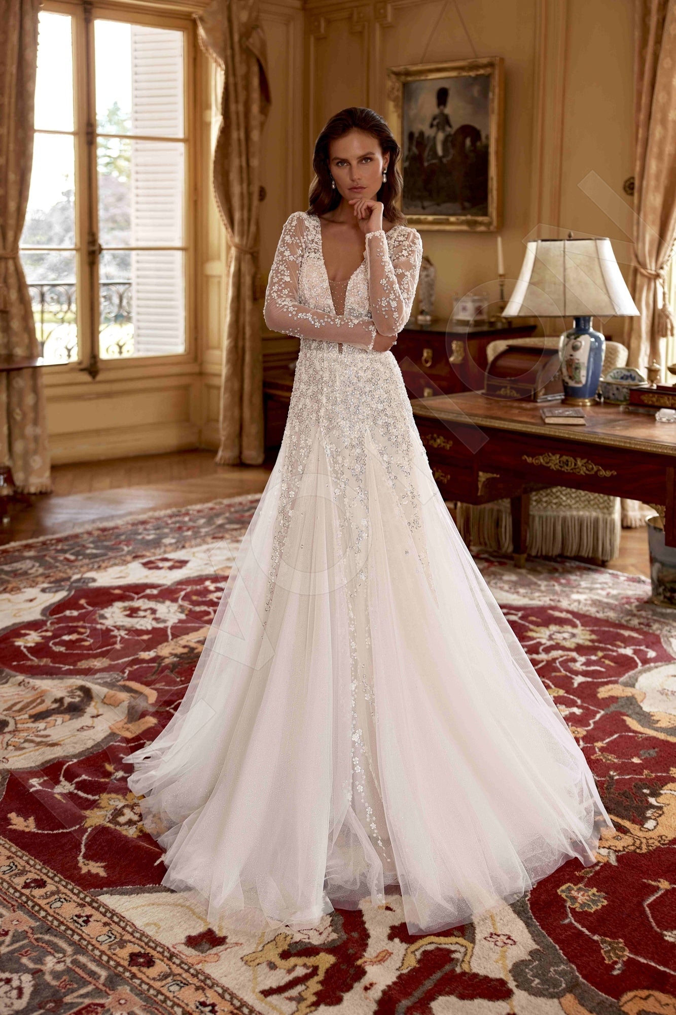 Leona A-line Deep V-neck Milk Wedding dress