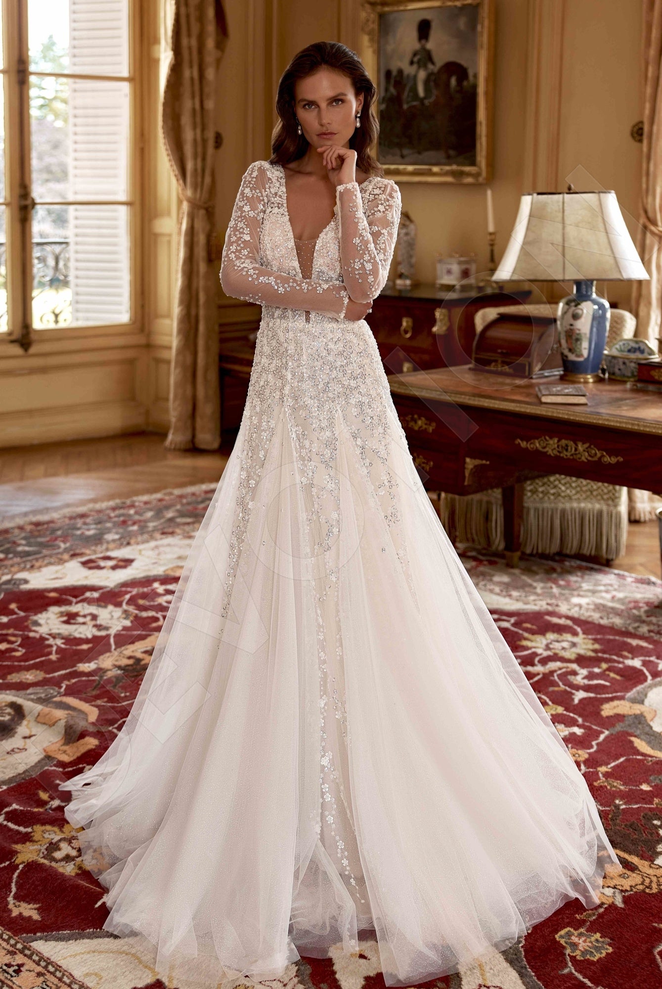 Leona A-line Deep V-neck Milk Wedding dress