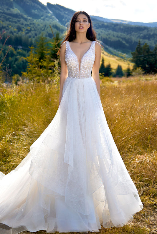 Nonna A-line Deep V-neck Milk Wedding dress