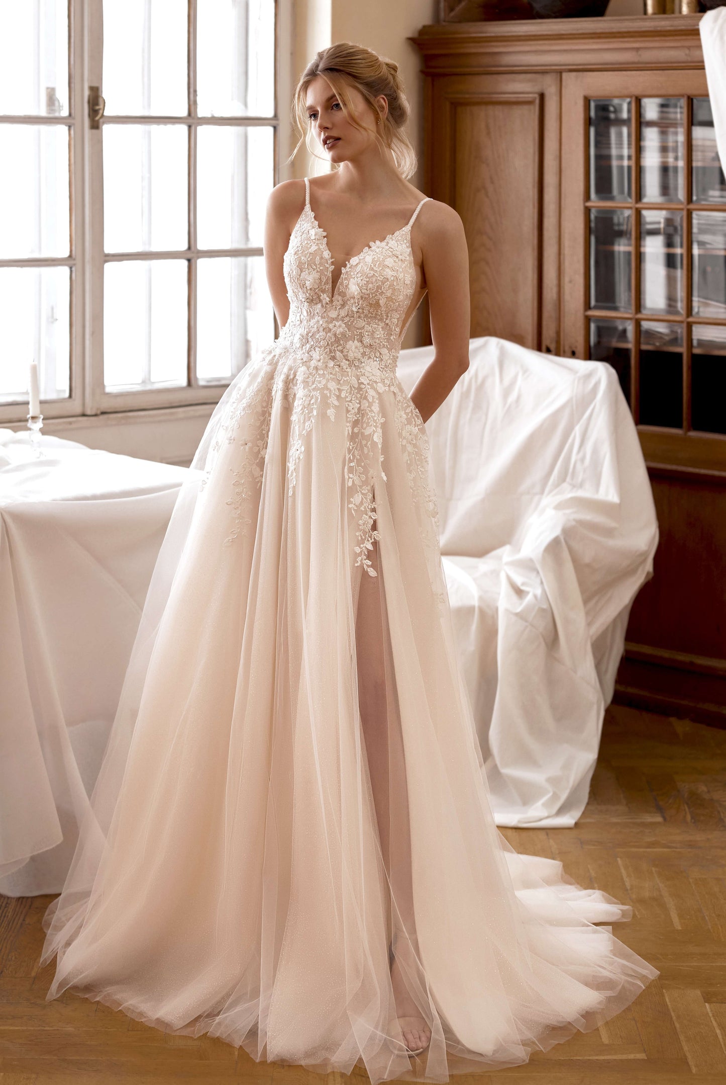 Lovina A-line V-neck Milk/Nude Wedding dress