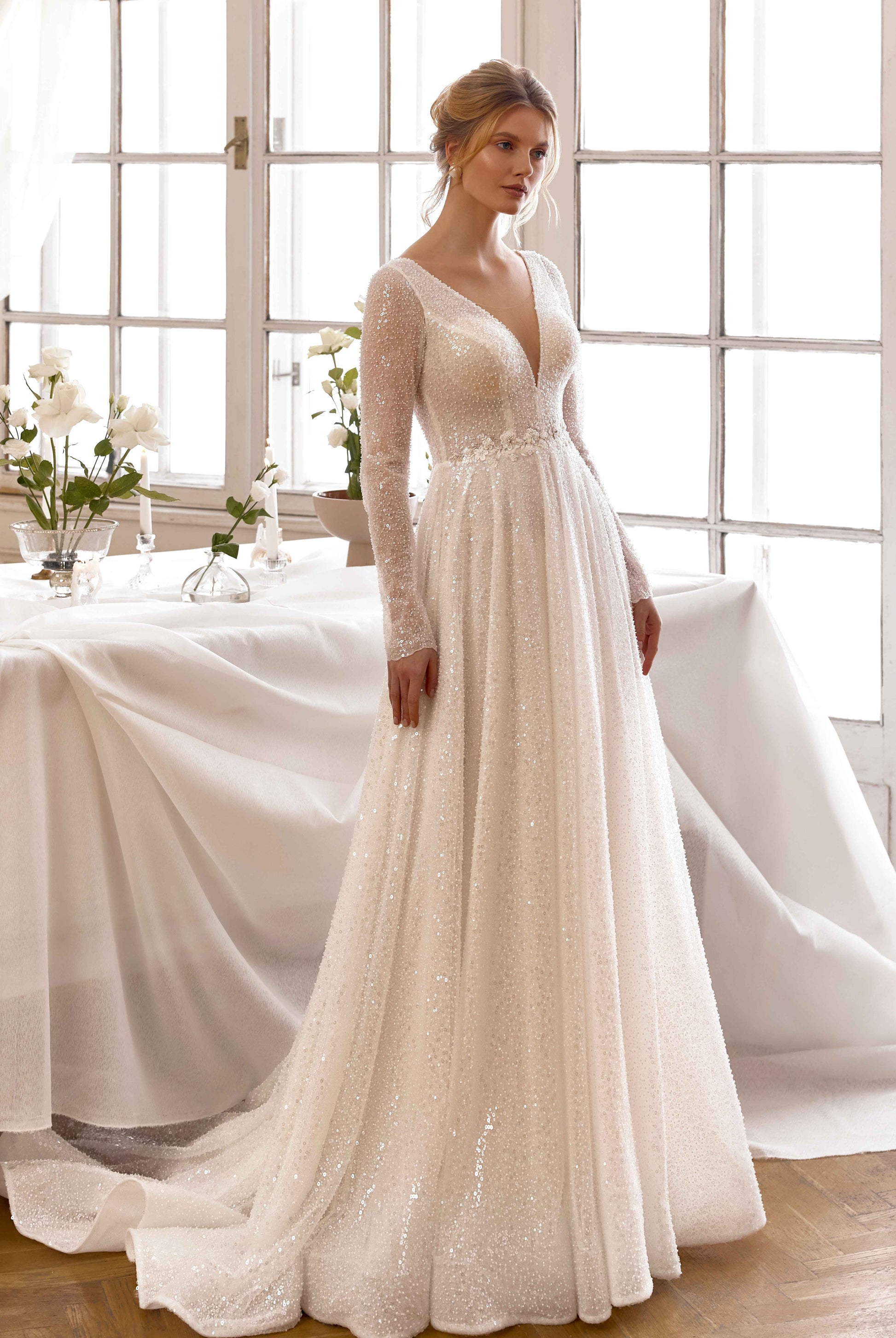 Amalia A-line Deep V-neck Milk Wedding dress