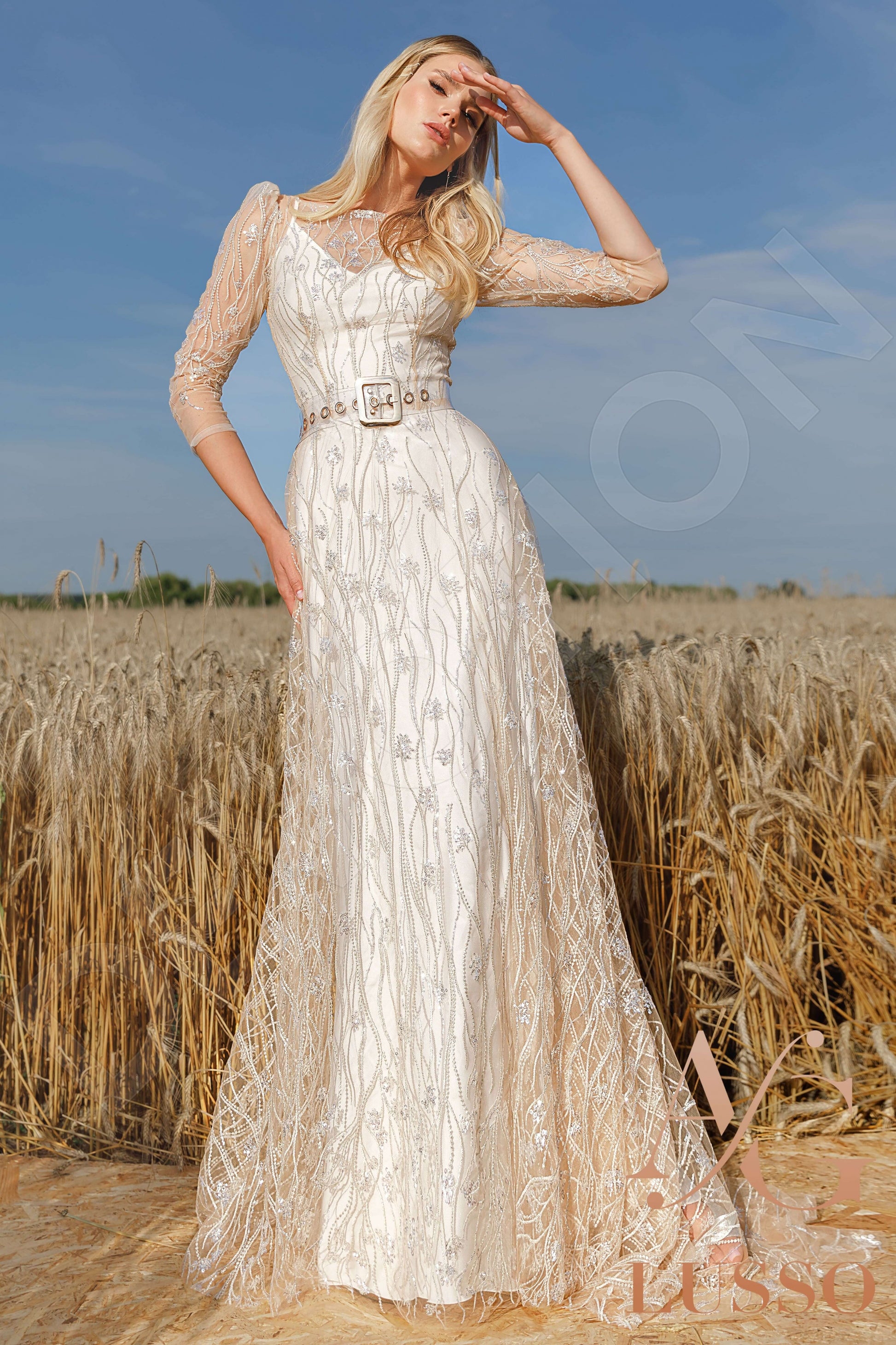 Barbinne A-line Boat/Bateau Carne Ivory Wedding dress