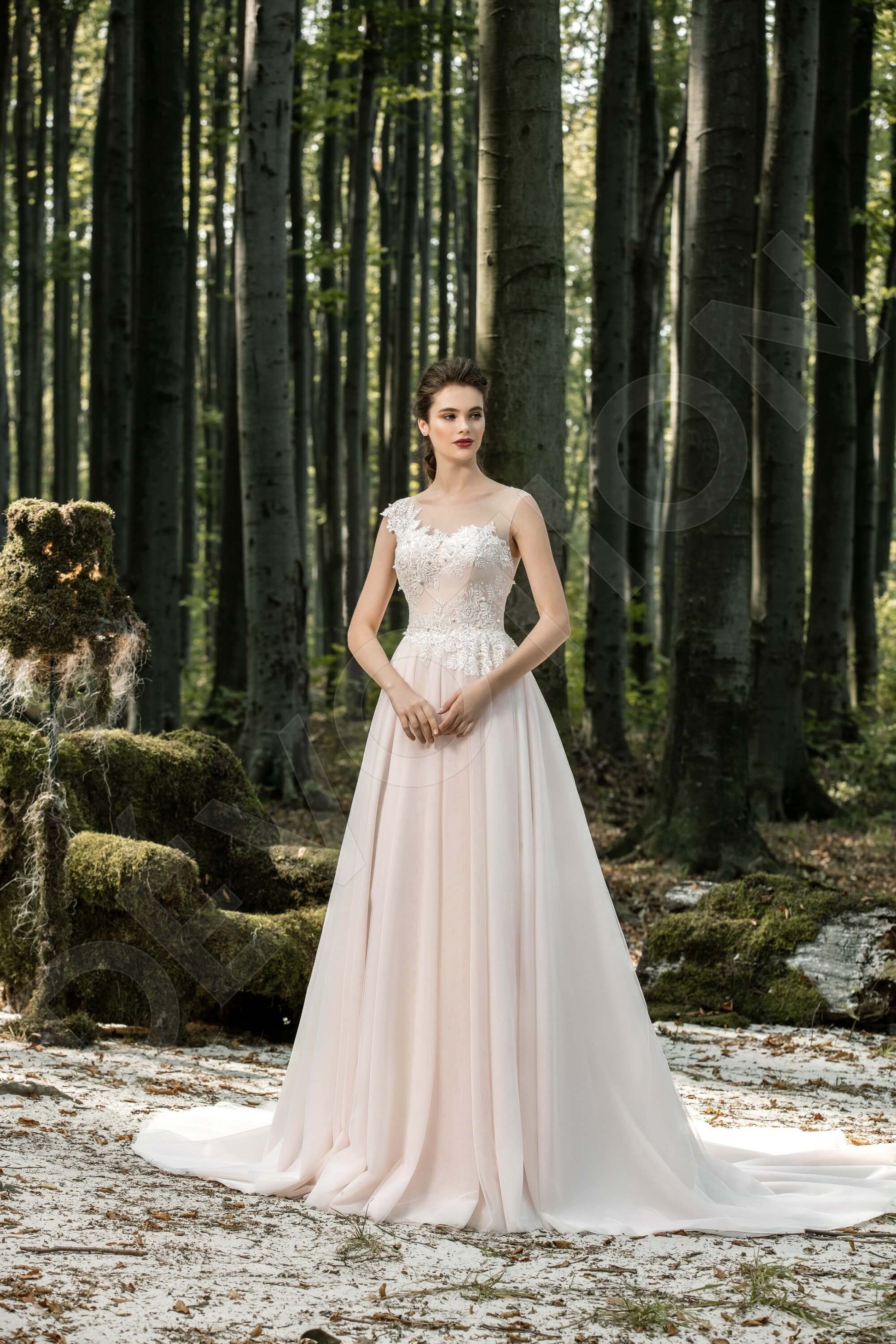 Sybil A-line Boat/Bateau White Powder Wedding dress