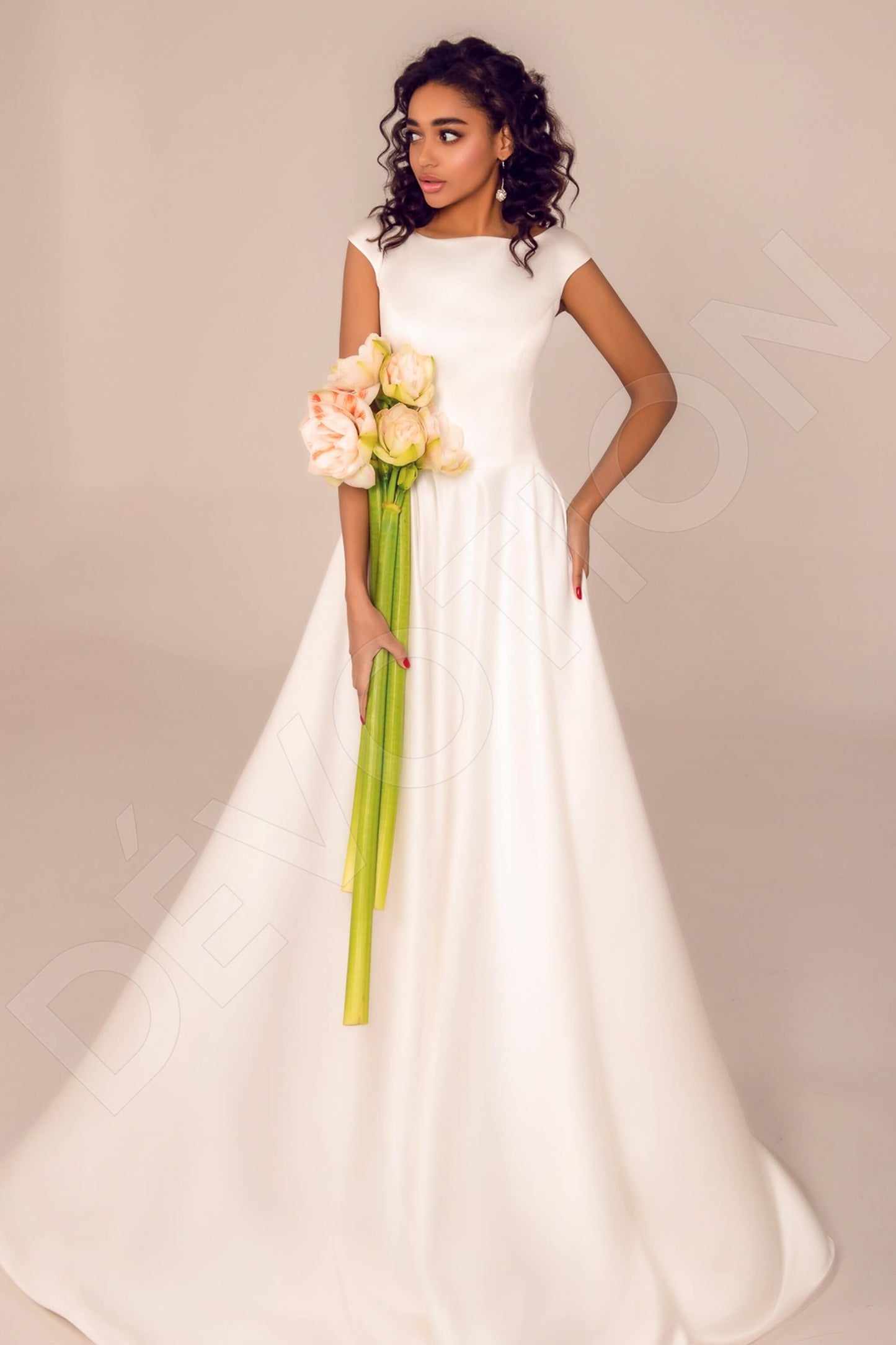 Halo Open back A-line Short/ Cap sleeve Wedding Dress Front