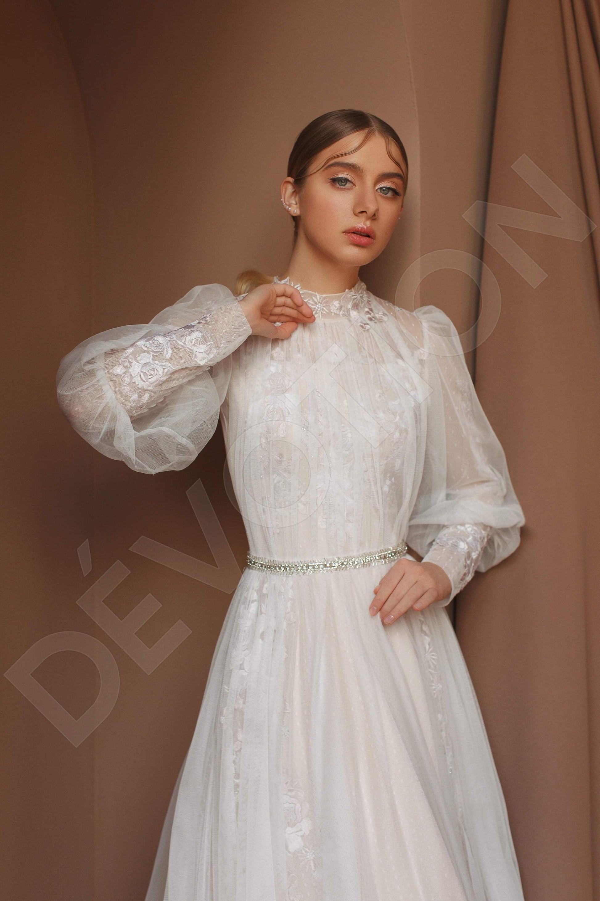 Lidina A-line High neck Milk Powder Wedding dress