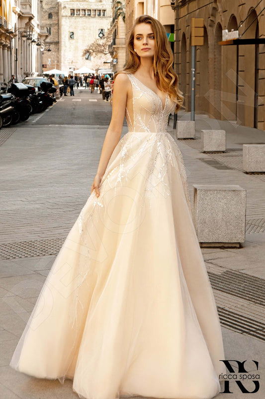 Crystal A-line V-neck Ivory Nude Wedding dress