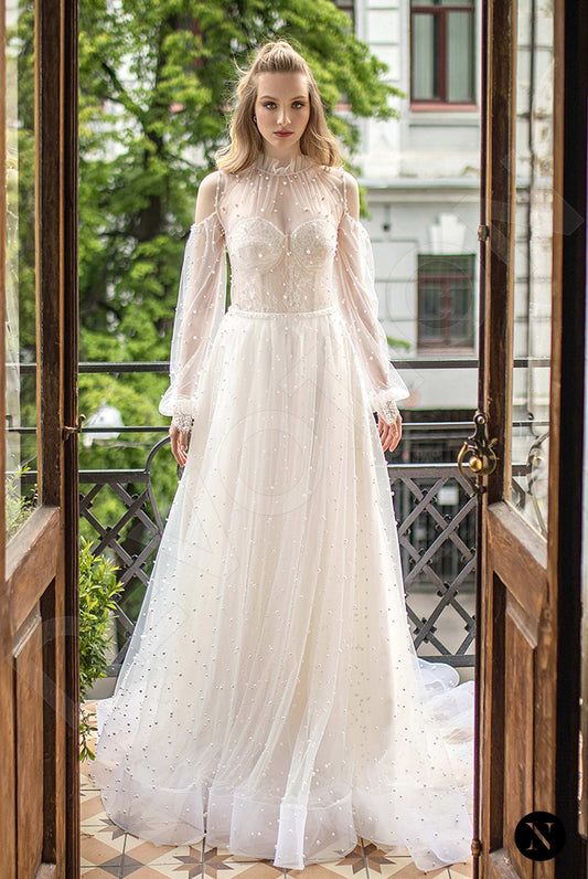 Adelyn A-line High neck Lightpeach Milk Wedding dress