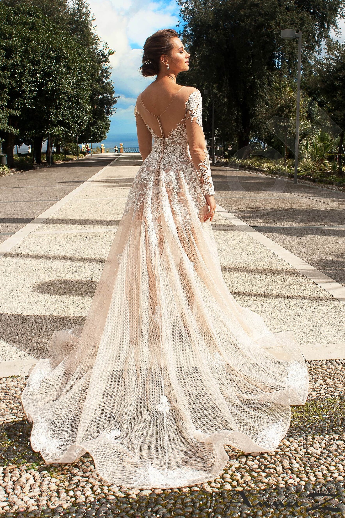 Aglea Illusion back A-line Long sleeve Wedding Dress Back