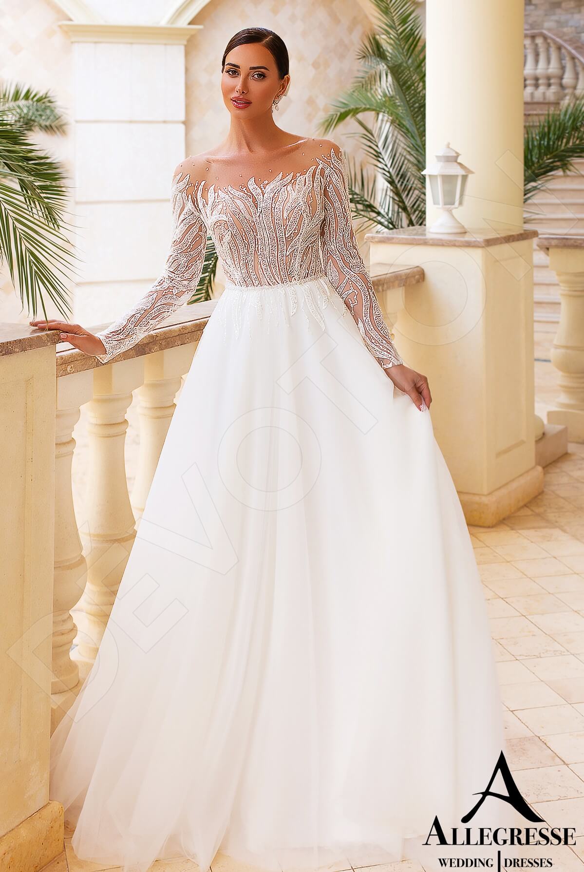 Elvira Illusion back A-line Long sleeve Wedding Dress Front