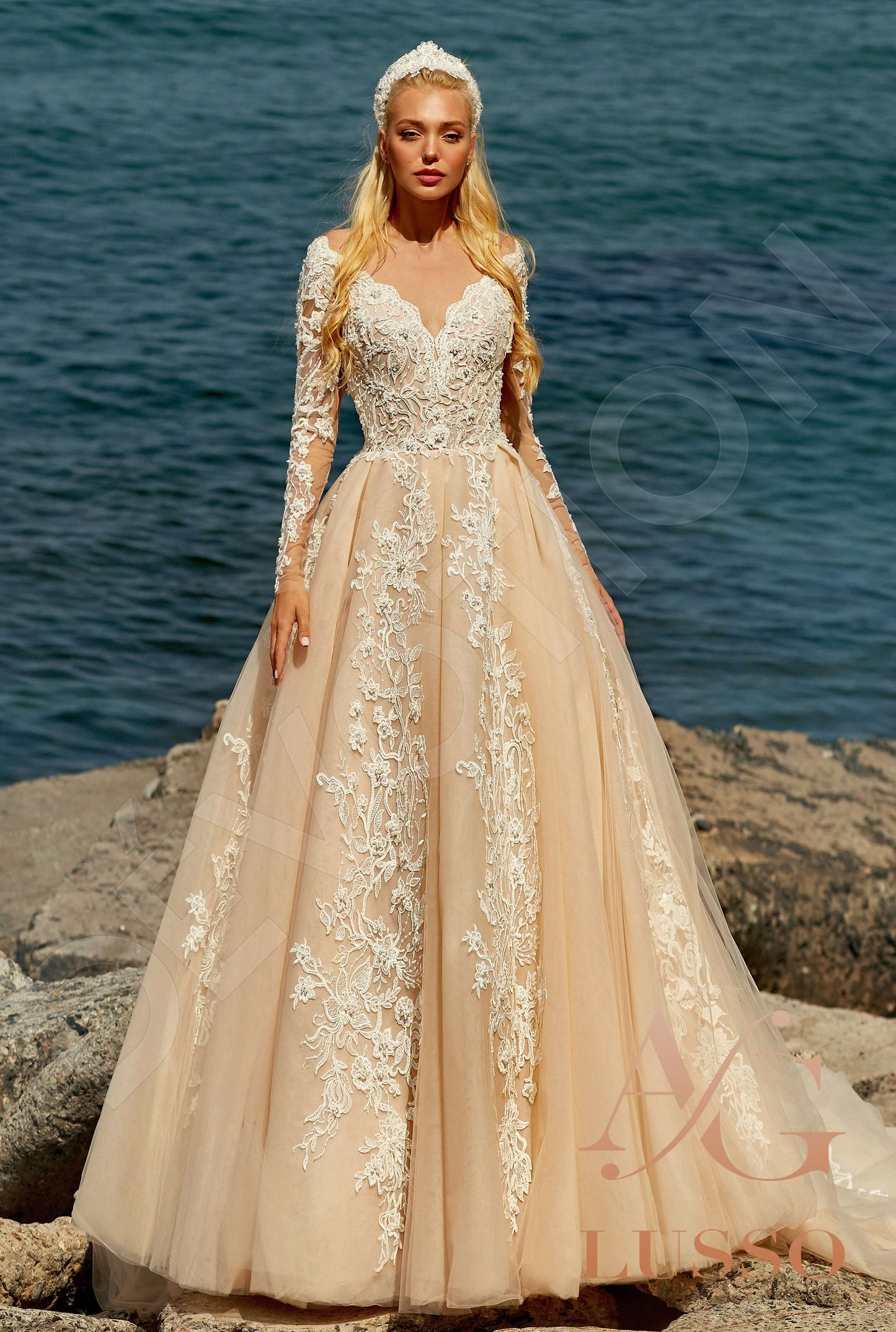 Veronica Illusion back A-line Long sleeve Wedding Dress Front