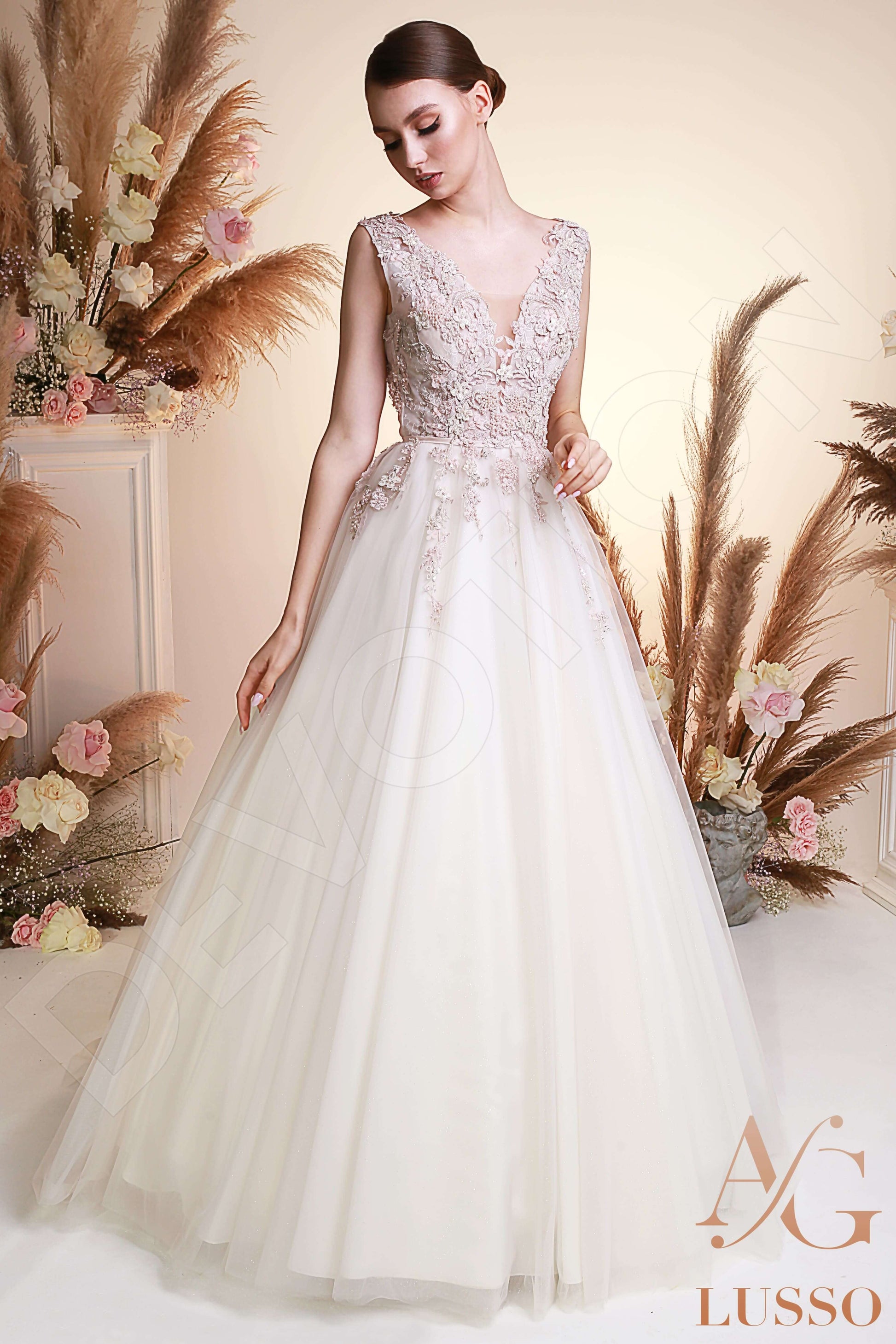 Seona A-line V-neck Ivory PowderPink Wedding dress