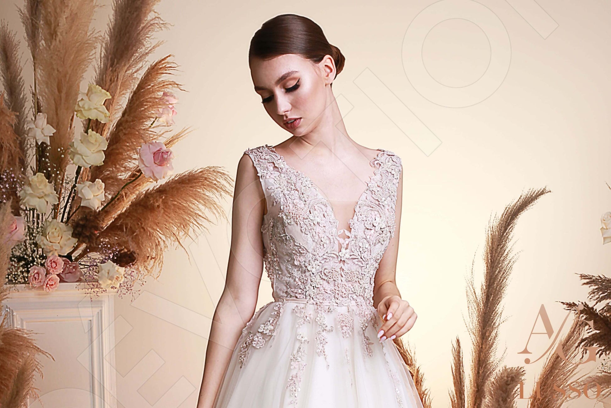 Seona A-line V-neck Ivory PowderPink Wedding dress