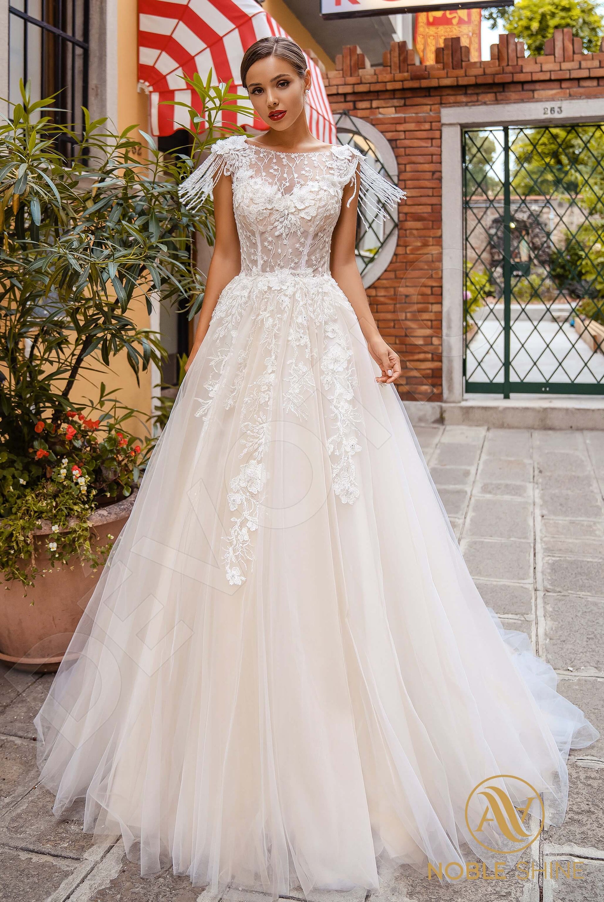 Sarita A-line Boat/Bateau Milk Cappuccino Wedding dress