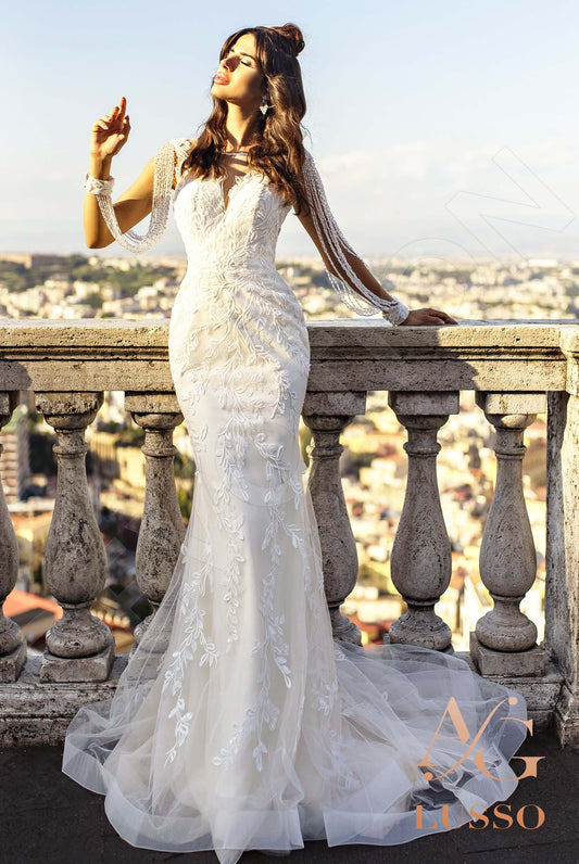 Tomassa Trumpet/Mermaid Boat/Bateau Ivory Wedding dress