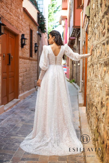 Alfre Open back A-line Long sleeve Wedding Dress Back