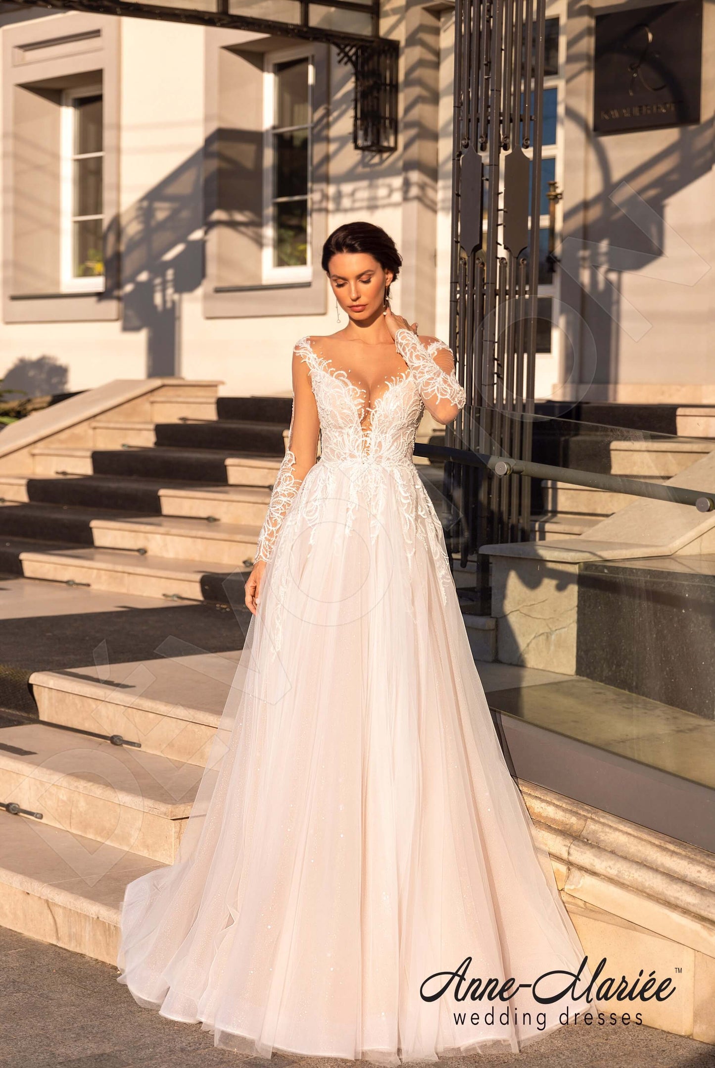 Astrida Illusion back A-line Long sleeve Wedding Dress 5