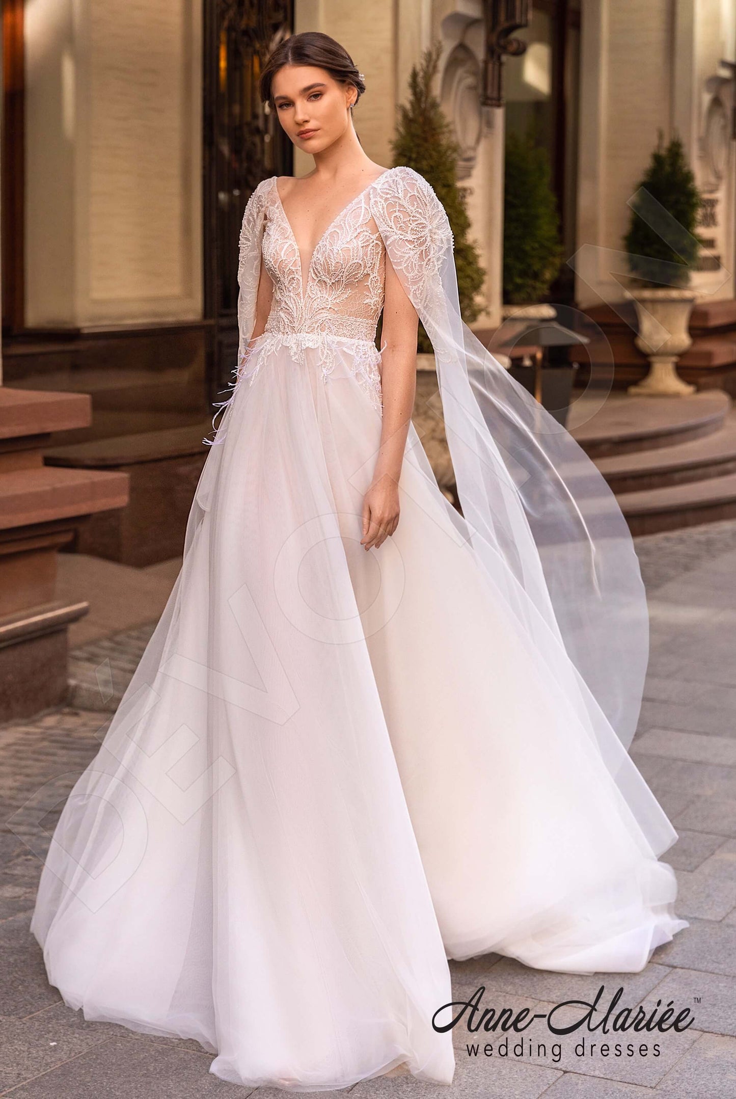 Noelly Open back A-line Detachable sleeves Wedding Dress Front