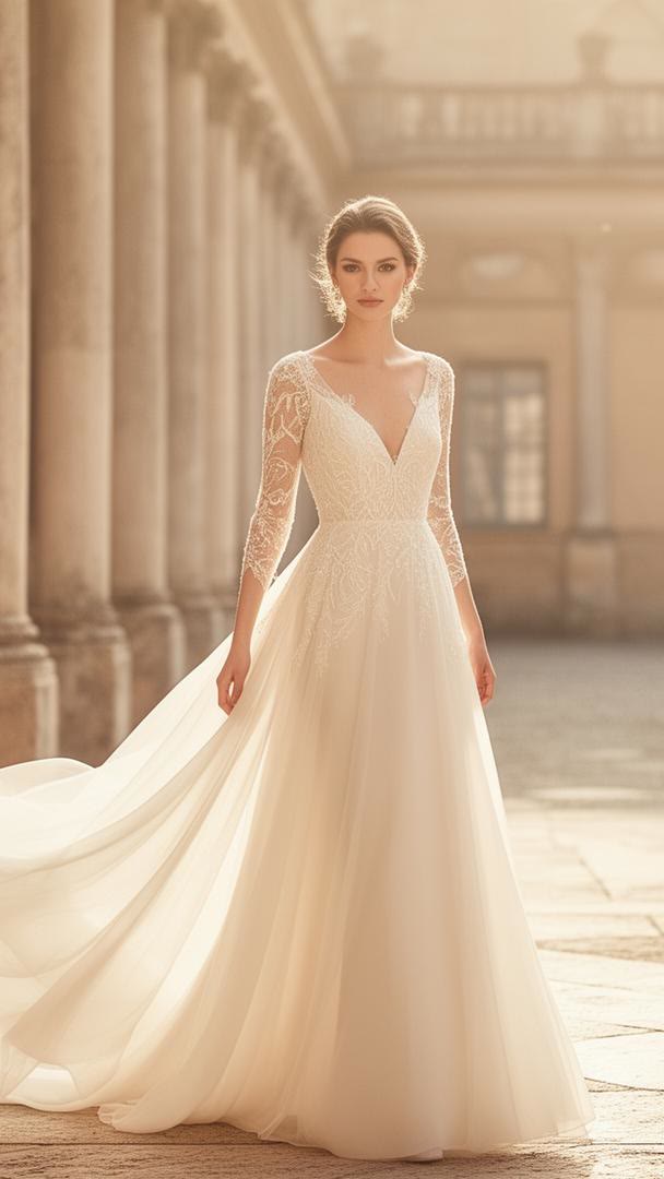 Bride wearing a custom-made wedding dress